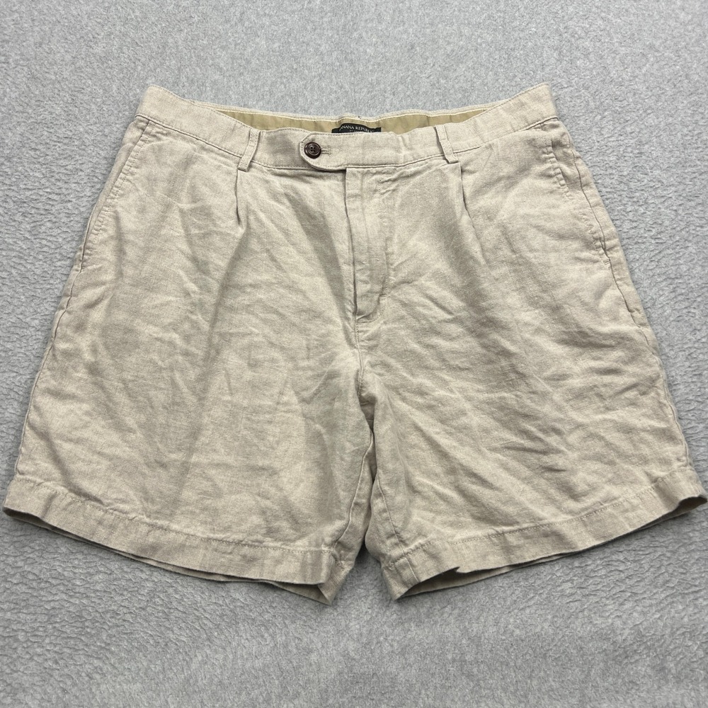 Banana Republic 7" Lino Short Mens 35 Beige 100% Linen Pleat Summer Woven 809947